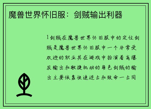 魔兽世界怀旧服：剑贼输出利器